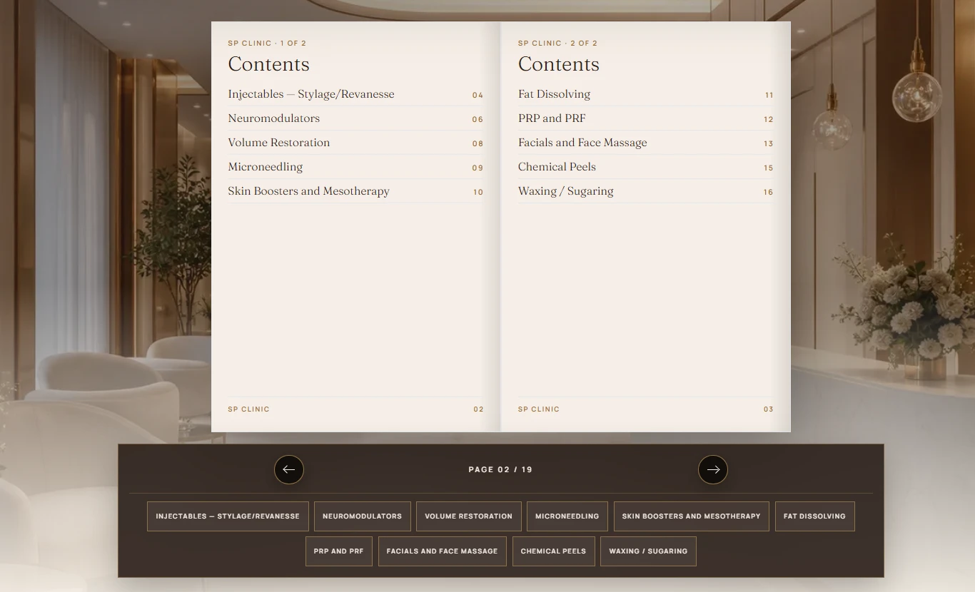SP Clinic interactive 3D service booklet with treatments and pricing navigation